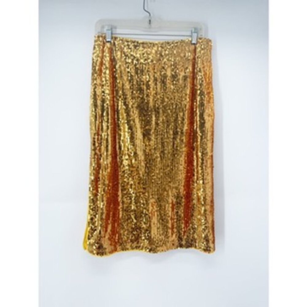 Allegra K Sequin Champagne Gold Side Slit High Waist Party Midi Skirt L - Picture 3 of 9